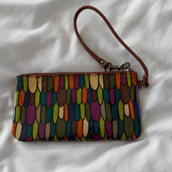 Fossil Key-Per Brown-Trim Multicolor Feather Pattern Wristlet Wallet - Picture 4 of 12